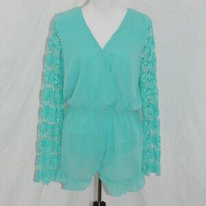 Entro Womens Medium Romper Shorts One Piece Crochet Aqua Green Peekaboo Sleeve